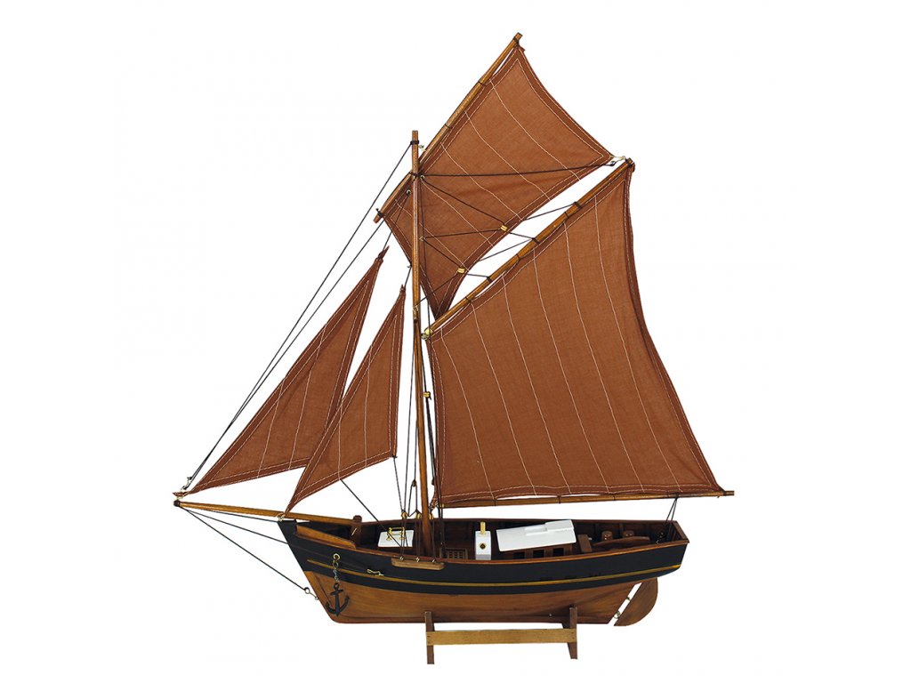 Model rybářského člunu s červenými plachtami 60 cm 5131