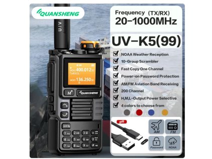 QUANSHENG UV-K5 (99) / UV-K6  dualband VHF/UHF příjem AIR a USB nabíjení  + Naprogramováno