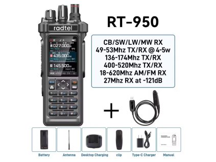 Radtel RT-950 – vícepásmová ruční radiostanice s Bluetooth a CB přijímačem + Programovací kabel