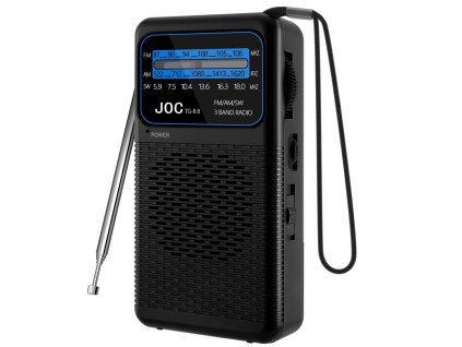 Malé přenosné nouzové rádio AM/SW/FM s karabinou na 2 AA baterie – ideální na cesty, turistiku i rybaření (černé)
