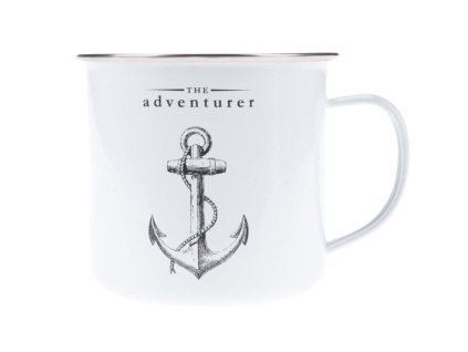 Smaltovaný bílý námořnický hrnek - s kotvou a potiskem The Adventurer 500 ml