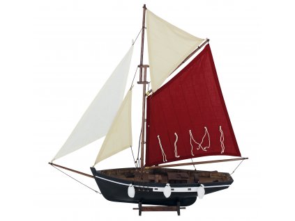 Model rybářského člunu s červenými a bilymi plachtami 58 cm