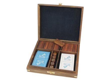 Karty, kostky a domino v dřevěném boxu