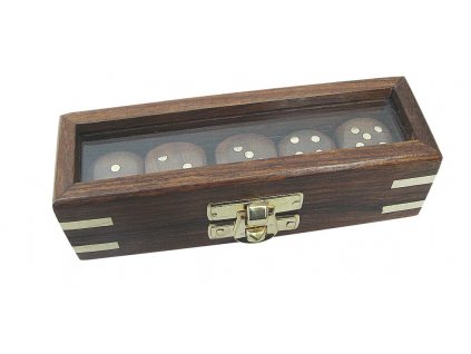 Hrací kostky v průhledném dřevěném boxu