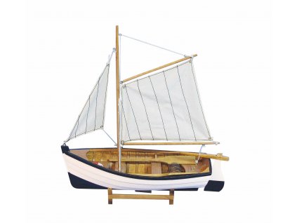 Model malého rybářského člunu s pruhovanými plachtami 32 cm