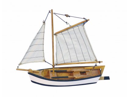 Model malého rybářského člunu s pruhovanými plachtami 25 cm