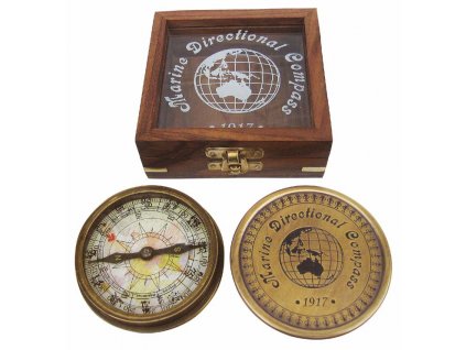 Kompas starožitný v dřevěném proskleném boxu 8521