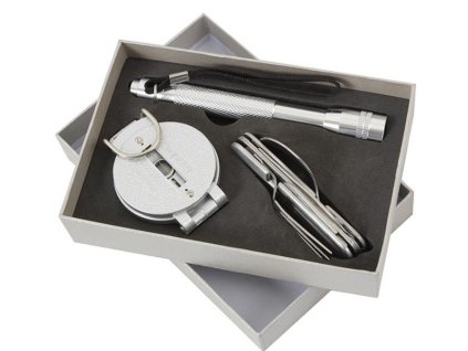 Set kompas - skládací příbor - svítilna STŘÍBRNÝ + bílý plecháček