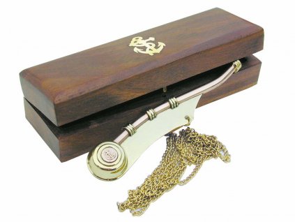 Botsmanská píšťalka mosaz/měď s kotvou v dřevěné dárkové krabičce 12,5 cm 7083