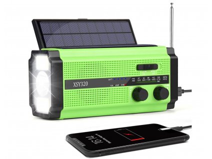 Green Radio XSY320 - nouzové rádio AM/FM solární s dynamem se svítilnou a dobíjením mobilu a powerbankou 5000 mAh