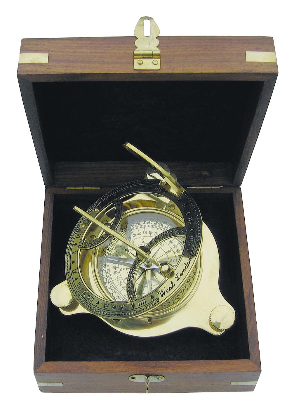 SEA CLUB Kompas a sluneční hodiny mosaz průměr 11 cm v dřevěné krabičce