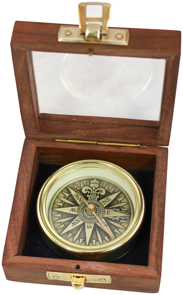 SEA CLUB Kompas mosazný antik 3D s větrnou ružicí v dřevěné krabičce 9382B