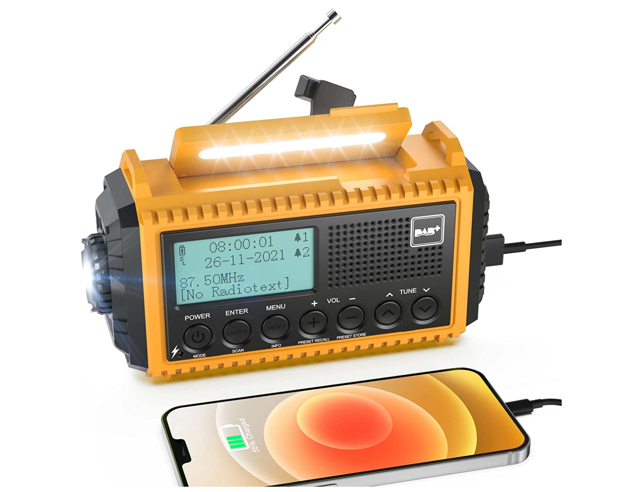 OEM Rocam DAB/DAB+/FM - nouzové rádio solární s dynamem se svítilnou a dobíjením mobilu a powerbankou 5000 mAh Barva: Žlutá
