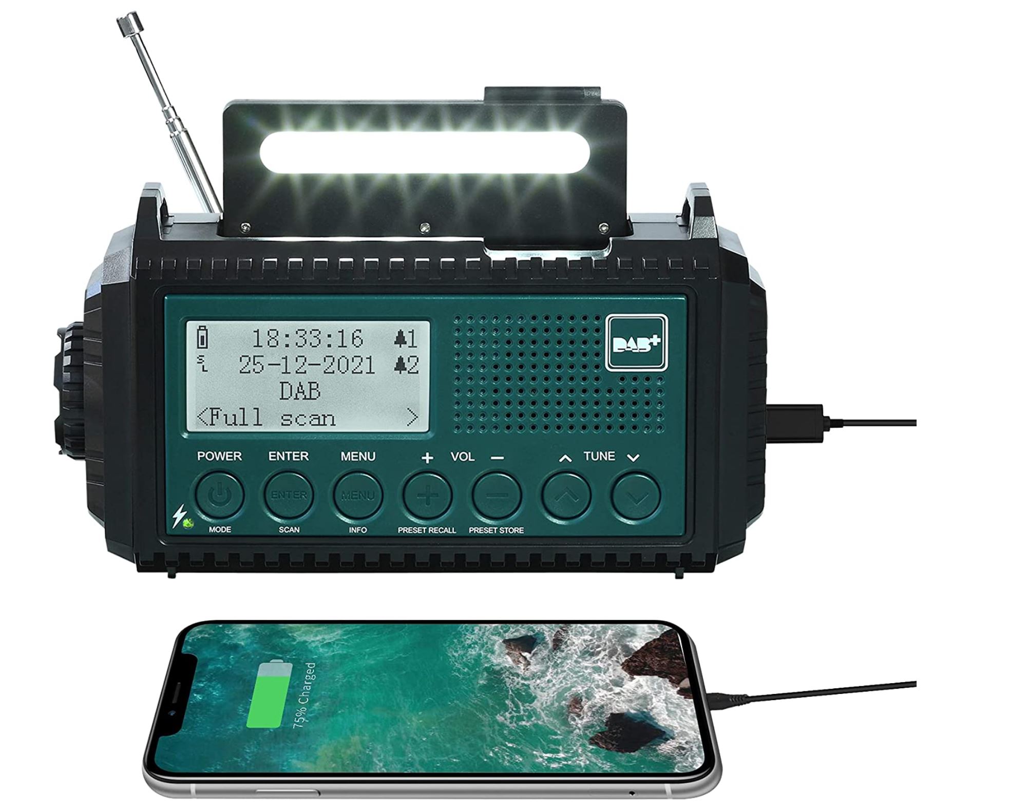 OEM Rocam DAB/DAB+/FM - nouzové rádio solární s dynamem se svítilnou a dobíjením mobilu a powerbankou 5000 mAh Barva: Zelená