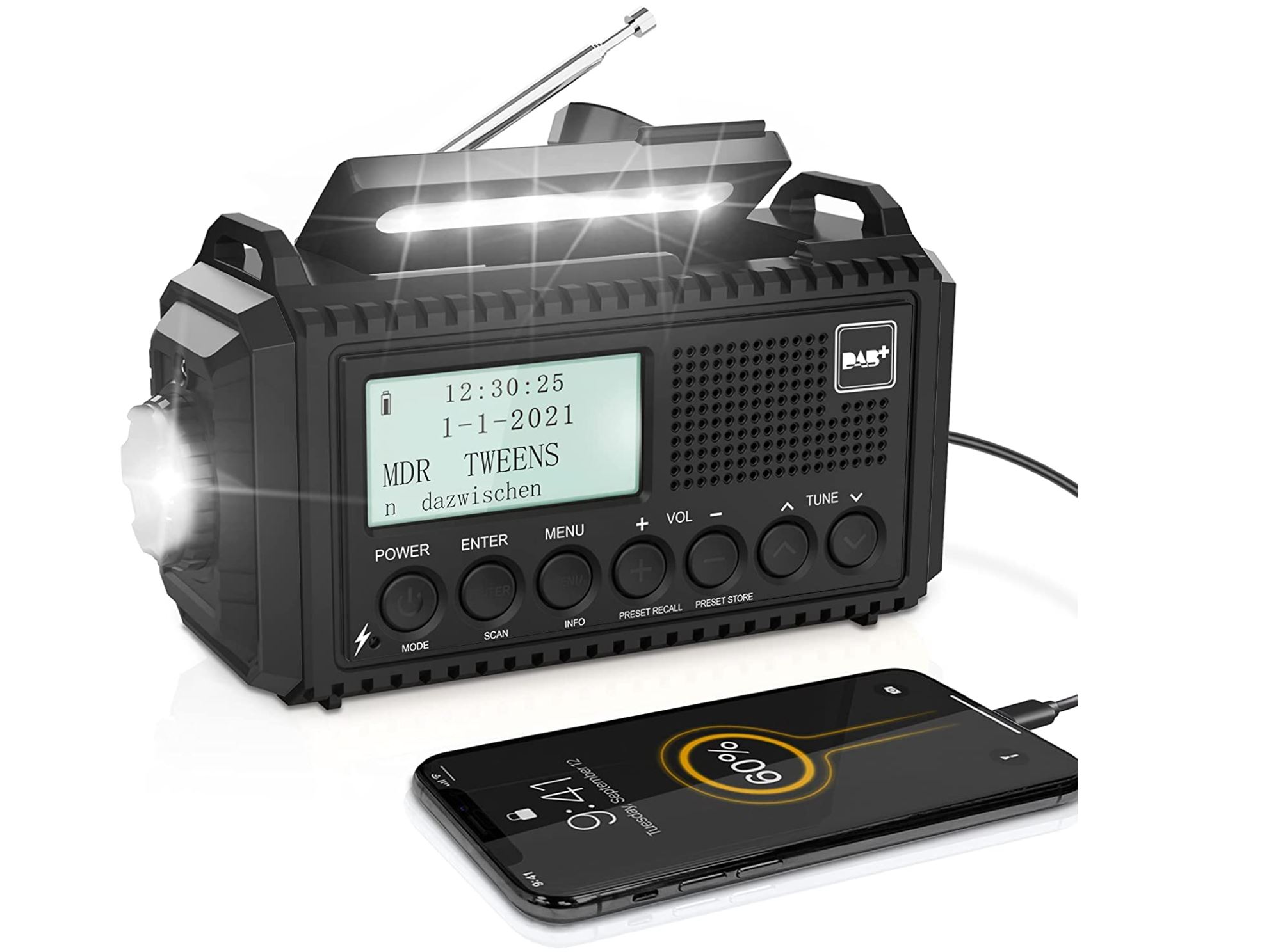 OEM Rocam DAB/DAB+/FM - nouzové rádio solární s dynamem se svítilnou a dobíjením mobilu a powerbankou 5000 mAh Barva: Černá