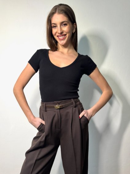 V Žebrovaný top s krátkým rukávem Black