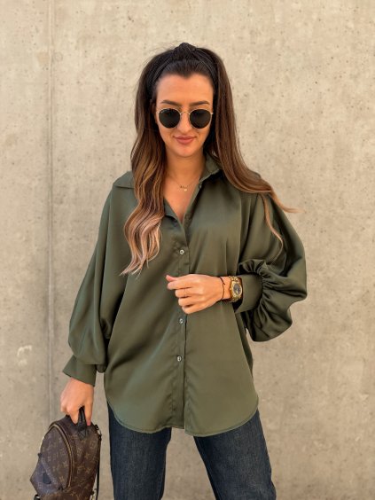 Saténová košile s balónovými rukávy Khaki
