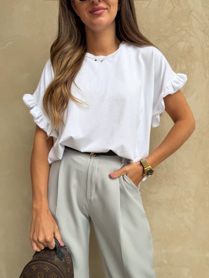 Dámské tričko s volánkovým rukávem White