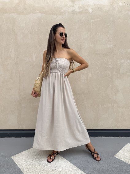 Dlouhé šaty bez ramínek Monte Beige