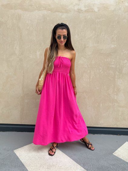 Dlouhé šaty bez ramínek Monte Pink