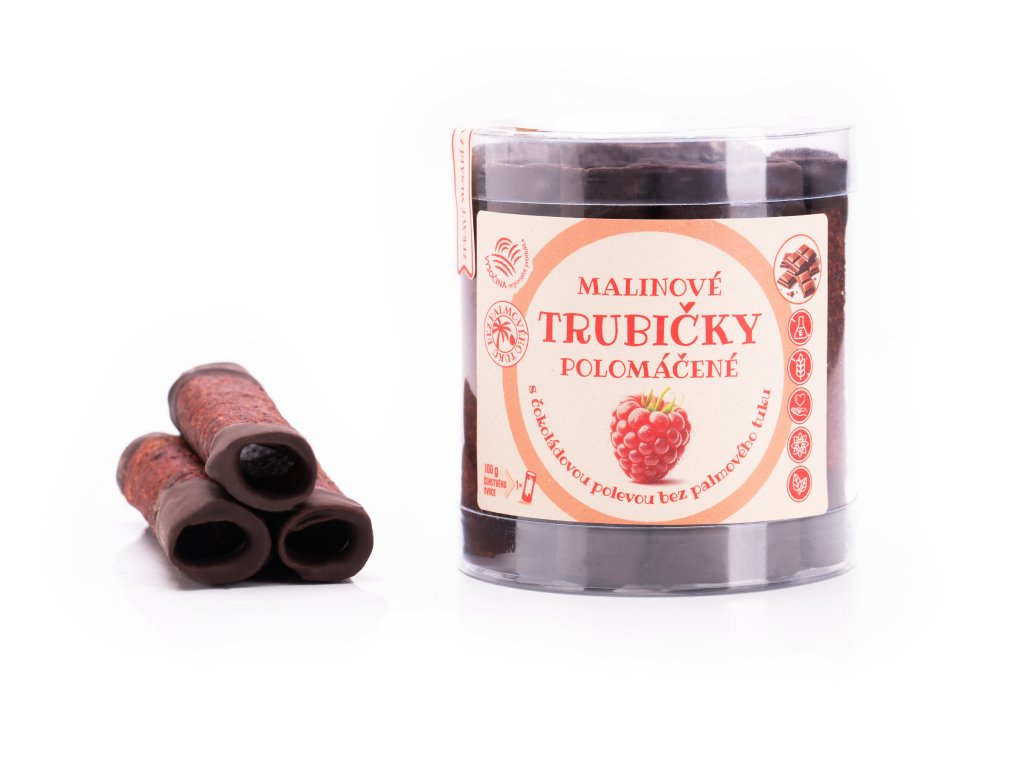 Malinové trubičky polomáčené s čokoládovou polevou bez palmového tuku 18ks (220g)