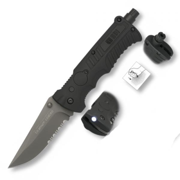 K25 Nůž zavírací Tactical 19587 záchranář KOMBI ČERNÝ se svítilnou Barva: Černá