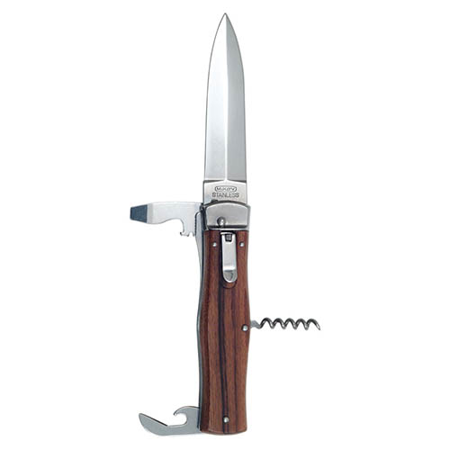 Mikov Nůž vyhazovací s dřevěnou střenkou s otvíráky a vývrtkou