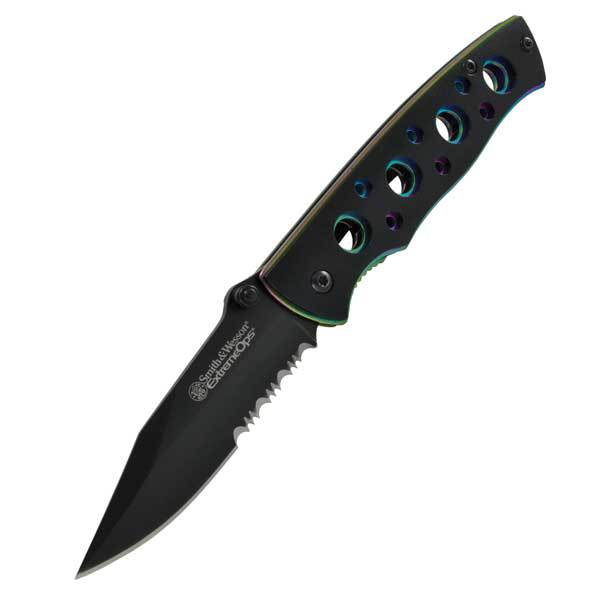 Smith & Wesson® Nůž zavírací EXTREME OPS komb. ostří ČERNO-DUHOVÝ Barva: Černá