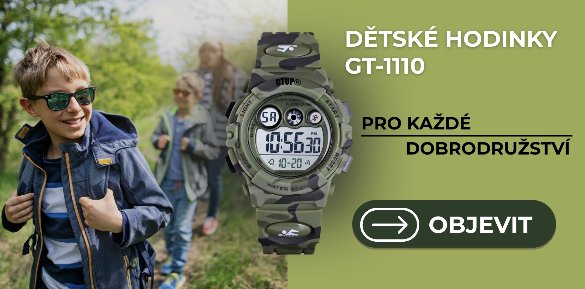 Dětské digitální hodinky GTUP s maskáčovým vzorem, pohodlné a vodotěsné pro malé dobrodruhy.