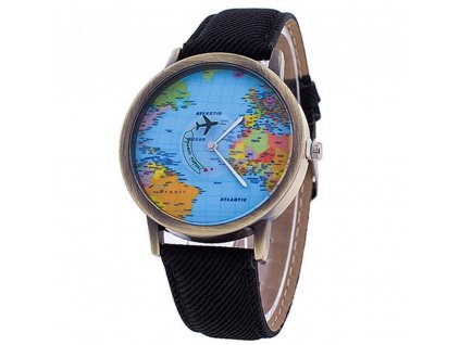 rucickove hodinky na baterii s mapou sveta letadlem cerne hlavni