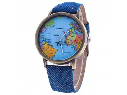rucickove hodinky na baterii s mapou sveta letadlem modre hlavni
