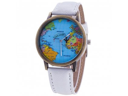 rucickove hodinky na baterii s mapou sveta letadlem bile hlavni