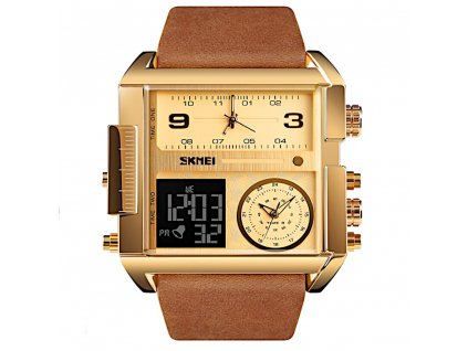 panske obrovske hodinky skmei s dualnim casem gold brown hlavni