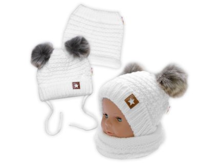zimni pletena cepice star s fleecem a chlupackove bambulky kominek 2d sada bila