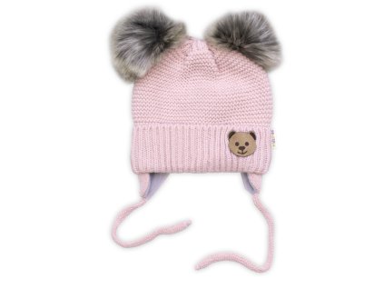 detska zimni cepice s fleecem teddy bear chlupack bambulky pudrove ruzova