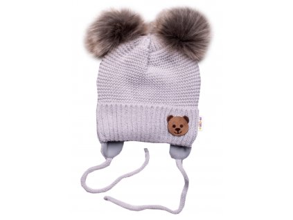 Dětská zimní čepice s fleecem Teddy Bear - chlupáčk. bambulky - sv. šedá, šedá,BABY NELLYS (Velikost koj oblečení 56-68 (0-6 m))