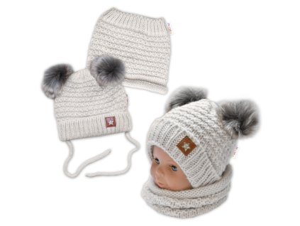 zimni pletena cepice star s fleecem a chlupackove bambulky kominek 2d sada bezovy melirek