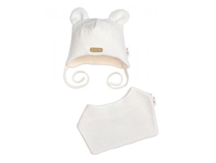Pletená čepice s bavlněnou podšívkou a šátkem 2v1, Teddy Hand made - kokosové bílá (Velikost koj oblečení 56/62 (0-3m))