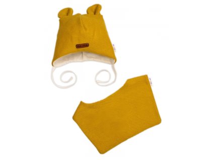 Pletená čepice s bavlněnou podšívkou a šátkem 2v1, Teddy Hand made - hořčicová (Velikost koj oblečení 56/62 (0-3m))