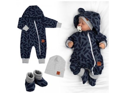 Rostoucí teplákový overal pro miminko, čepice, botky, 3D, Nature - jeans pírka (Velikost koj oblečení 56/62 (0-3m))