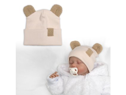 Dvouvrstvá žebrovaná čepička s oušky boucle medvídek - béžová (Velikost 56/62 (0-3m))