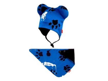 Bexa dvouvrstvá čepice na zavazování s oušky + šátek - Tlapky, granát (Velikost 56/62 (0-3m))