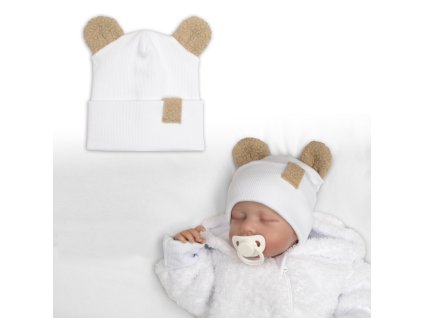 Dvouvrstvá žebrovaná čepička s oušky boucle medvídek - bílá (Velikost 56/62 (0-3m))