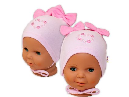 Bavlněná čepička na zavazování Baby Nellys s mašličkami - sv. růžová (Velikost 80/86 (12-18m))
