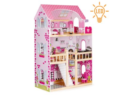 dreveny domecek pro panenky s nabytkem a led osvetlenim