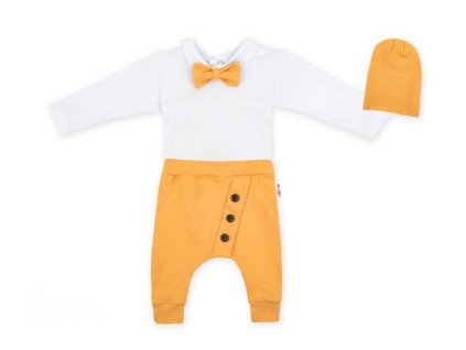 Baby Nellys 3-dílná sada Hubert, body s motýlkem dl.rukáv, tepláčky a čepička - hořčicová (Velikost koj oblečení 56 (1-2m))
