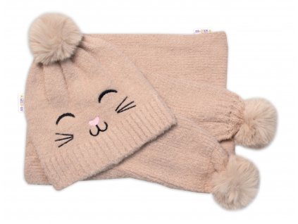 Zimní čepice s bambulí + šál, Kitty, Baby Nellys - cappuccino, vel. 54/58 (Velikost koj oblečení 116-122 (5-7r))