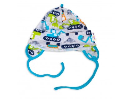 Baby Nellys Bavlněná čepička s oušky na zavazování - Bagr, šedá (Velikost koj oblečení 50/56 (0-2m))