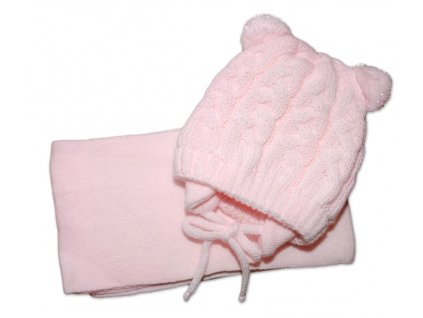 Zimní pletená kojenecká čepička s šálou TEDDY - sv. růžová, vel. 62/68 (Velikost koj oblečení 62/68 (3-6m))