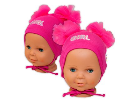 Bavlněná čepička na zavazování Baby Nellys s mašličkami Tutu - tm. růžová (Velikost 80/86 (12-18m))